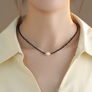 黑色水晶锁骨链女天然珍珠，项链小众设计感气质，黑尖晶项圈颈链