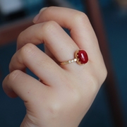 原创设计日本有机宝石红色戒指18k金镶嵌+天然钻石 女款红色指环