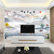 电视背景墙壁纸贴画客厅，中式山水装饰自粘2023影视墙布8d立体