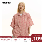 TGNS潮牌美式复古粉色格子衬衫短袖男夏季设计感休闲情侣衬衣