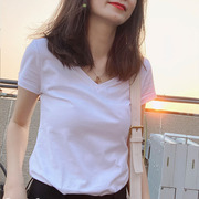 白色t恤女短袖2023年修身纯棉，上衣春夏季显瘦v领圆紧身打底衫