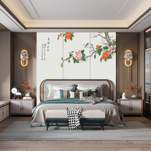 新中式牡丹电视客厅沙发卧室床头酒店花鸟刺绣硬包背景墙会所壁画