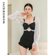 韩国性感黑色连体长袖泳衣女小胸保守学生遮肚显瘦泡温泉泳装