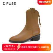 D：Fuse/迪芙斯冬季牛皮尖头西部牛仔靴方跟中筒短靴女DF3311654E
