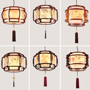 中式吊灯仿古客厅灯实木，羊皮餐厅灯，古典酒店茶楼大厅包厢木艺灯饰