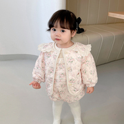ins冬季韩系童装女宝宝，碎花娃娃领夹绒棉服外套新生婴儿哈衣套装