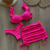 螺纹三件套比基尼钢托聚拢小胸分体泳衣半裙粉色甜美荷叶边bikini