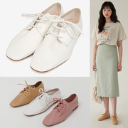 韩国chic英伦学院风ins复古软皮系带小白鞋平底单鞋方头小皮鞋女