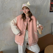 胖mm秋季大码外套女2021棒球，服撞色薄款设计感粉色韩版上衣潮