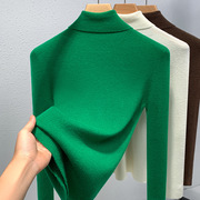 绿色毛衣打底衫女高领春秋季2024高级感修身内搭绵羊毛针织衫