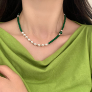 新中式绿玉髓珍珠项链夏百搭高级感颈链简约优雅气质毛衣链锁骨链