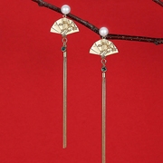 新中式复古国风耳环长款扇子，形耳坠旗袍，汉服耳饰纯银珍珠耳钉耳线