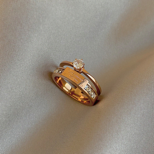 小众大锆石钛钢双层戒指，女轻奢时尚高级感个性，指环不可调节食指戒