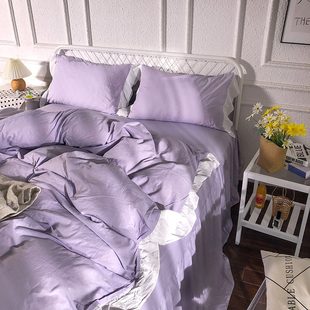 公主风水洗棉四件套少女心，紫色夏季床裙款床单被套床上用品三件套