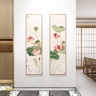 新中式入户玄关装饰画走廊，过道壁画荷花兰花，挂画茶室墙画花鸟国画