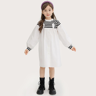 纯一良品童装女童白色长袖连衣裙2023春装儿童条纹拼接娃娃衫宽松