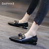 Daphne达芙妮 小个子穿搭~尖头平底单鞋女软底一脚蹬黑色粗跟单鞋