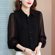 长袖雪纺衫女2024年春季韩版洋气打底衫，时尚镶钻遮肚翻领衬衫