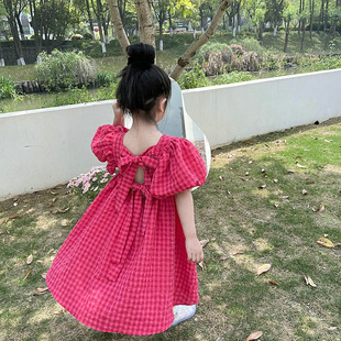 童装女童格子连衣裙2024夏季中小童女孩韩版泡泡袖公主裙宝宝