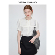 VEGA CHANG白色衬衫女2024年夏季法式小众高级感方领刺绣上衣