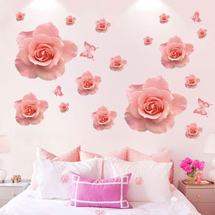 粉色玫瑰墙贴浪漫卧室，客厅电视背景，装饰贴画墙纸花朵蝴蝶贴纸自粘