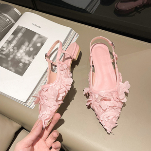 夏季凉鞋包头一字扣花朵粉色公主学生仙女尖头低跟粗跟高跟鞋