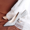 结婚鞋子女2023年白色婚纱，高跟鞋粗跟孕妇银色，水晶新娘鞋伴娘