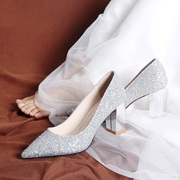 结婚鞋子女2023年白色婚纱高跟鞋粗跟孕妇银色水晶新娘鞋伴娘