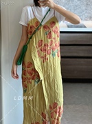 23春夏 小众设计师 解构设计定位印花压褶乱麻吊带连衣裙