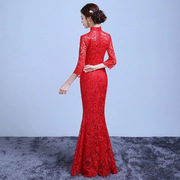 长款旗袍鱼尾蕾丝改良2021新夏季性感美女修身显瘦结婚红色敬酒服