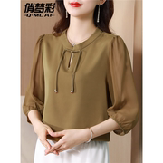 新中式改良旗袍上衣女妈妈，夏季2024中国风盘扣，衬衫七分袖小衫