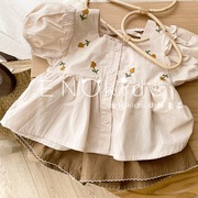 2023夏季韩国女童装洋气刺绣，花朵衬衫+阔腿短裤套装公主宝宝2件套