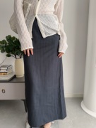 是小蹦 韩系ins设计感经典条纹显瘦直筒西装开衩半身长裙女