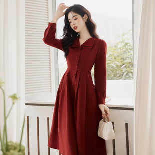 苏浅慕颜秋冬季女装法式复古红色，连衣裙修身显瘦优雅中长裙子