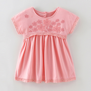 女童夏季粉红色短袖连衣裙宝宝夏装，儿童蕾丝花边，洋气公主裙子婴儿