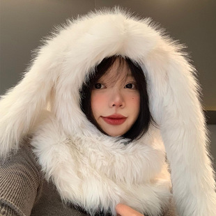 邦尼兔毛绒帽子女冬季可爱加厚保暖护耳帽兔子耳朵围巾一体雷锋帽