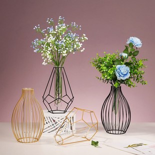 欧式灯笼花瓶摆件轻奢风，铁艺水培玻璃，创意家居客厅插花装饰品