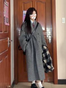 韩系高级感呢子灰色大衣2023年小个子外套女秋冬季毛呢中长款