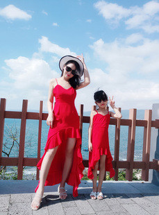 女童酒红长裙亲子装夏季Y7度假鱼尾裙子前短后长沙滩连衣裙母女装
