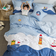 中地海全棉贴布绣花卡通，四件套男孩宿舍纯棉被套床单儿童床上用品