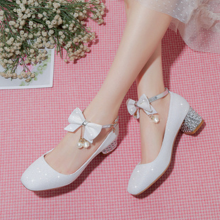 女童公主鞋白色皮鞋2024春秋，小女孩演出单鞋水晶鞋子女儿童高跟鞋