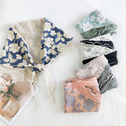 双层复古蕾丝花朵三角拼接菱形丝巾，女日系棉麻，薄款小围巾护颈装饰