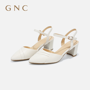 GNC一字带包头凉鞋女粗跟2024夏羊皮白色法式配裙子鞋子单鞋