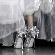 银色水晶高跟鞋女细跟18岁成年礼服气质蝴蝶结，婚纱两穿婚鞋新娘鞋