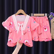 公主风儿童睡衣夏季卡通，短袖薄款草莓熊女宝中大童空调家居服套装