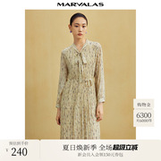 曼德诗法式飘带领收腰连衣裙女2025秋季新品长袖中长款印花雪纺裙