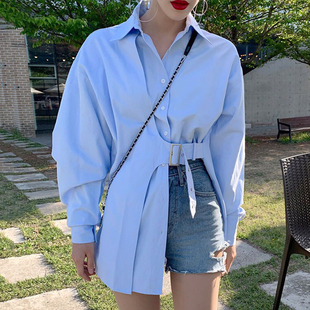 韩国chic小众设计翻领单排扣腰带不规则宽松休闲百搭泡泡袖衬衫女