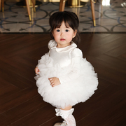 女童公主裙宝宝百天周岁生日，礼服白色花童蓬蓬纱蛋糕裙韩版连衣裙