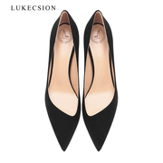 lukecsion绒面高跟鞋女真皮，尖头细跟斜口性感磨砂，黑色职业鞋31-44