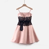 f2欧美外贸粉色缎面，黑色蕾丝蝴蝶结高腰公主，吊带蓬蓬连衣裙礼服裙